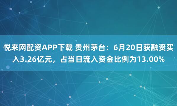 悦来网配资APP下载 贵州茅台：6月20日获融资买入3.26亿元，占当日流入资金比例为13.00%